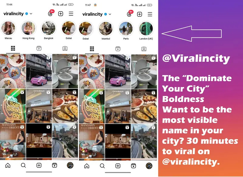 Screenshots of the @viralincity Instagram profile showing Reels from cities including Macau, Hong Kong, Bangkok, Dubai, Istanbul, Paris and London